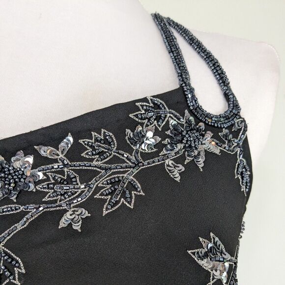 Vtg Cache Prom Dress Maxi Gown Black 12 Y2K Fairy Goth Silk Silver Floral Bead - Picture 4 of 14